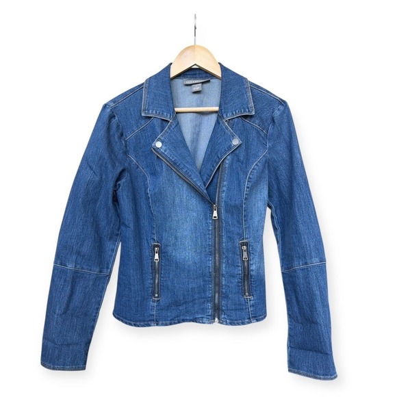 Kate & Mallory Jackets & Blazers - Kate & Mallory Denim Moto Jacket M Asymmetrical Zip Stretch Biker 80s Style